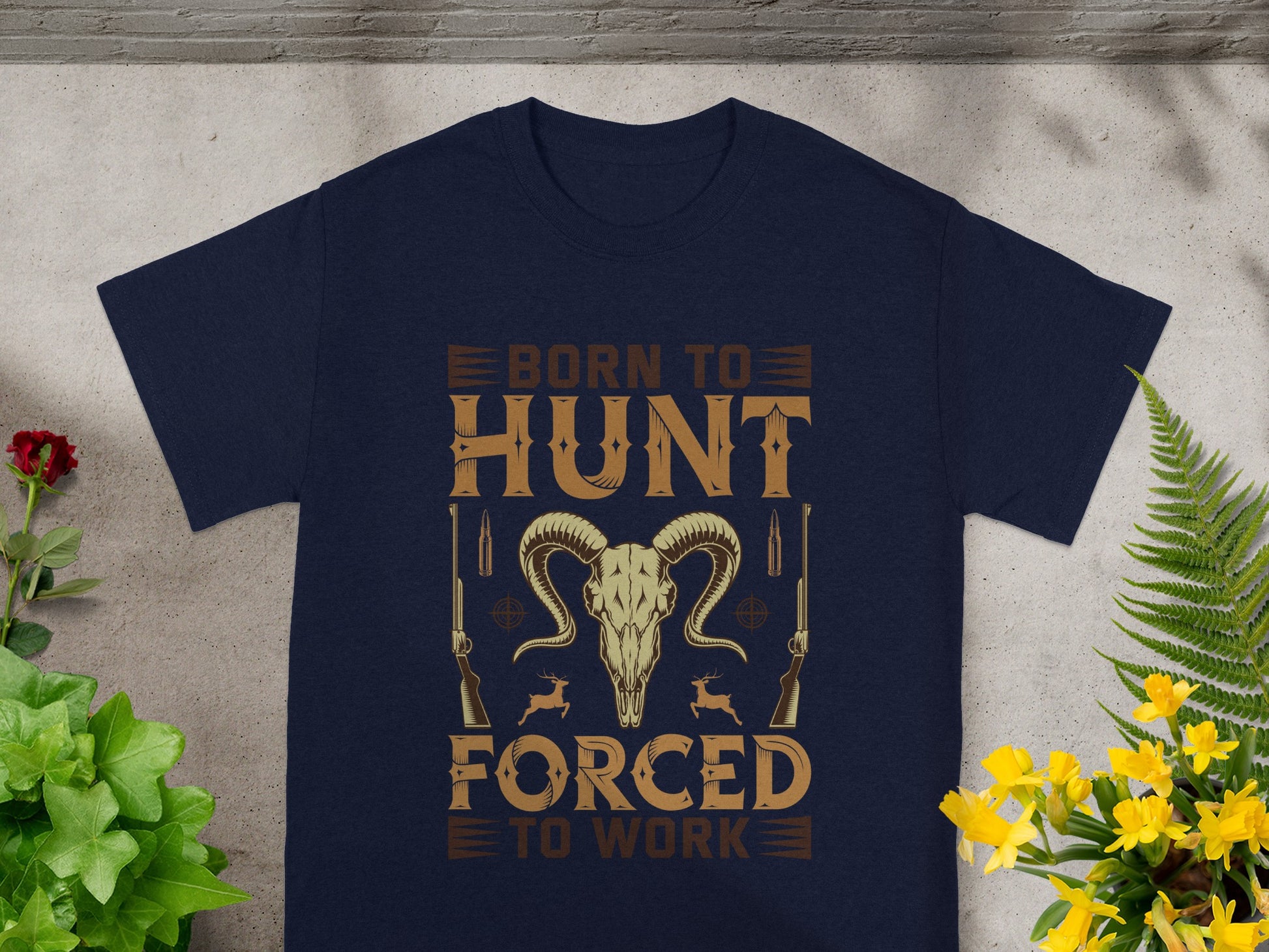 Navy t-shirt with "Born to Hunt Forced to Work" text and ram skull graphic.
