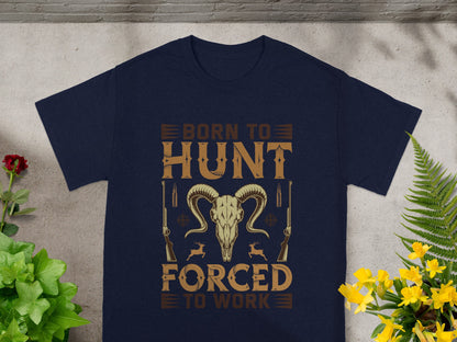 Navy t-shirt with "Born to Hunt Forced to Work" text and ram skull graphic.