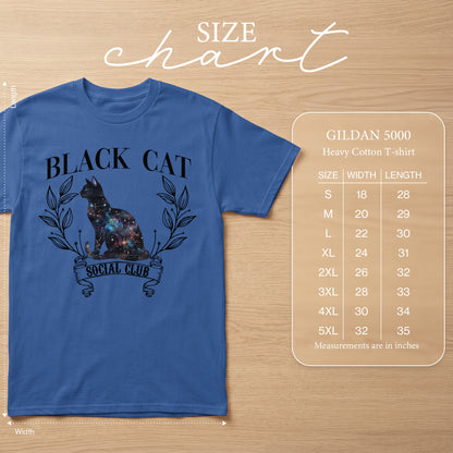 Blue Gildan 5000 Heavy Cotton T-shirt with galaxy cat print and size chart.