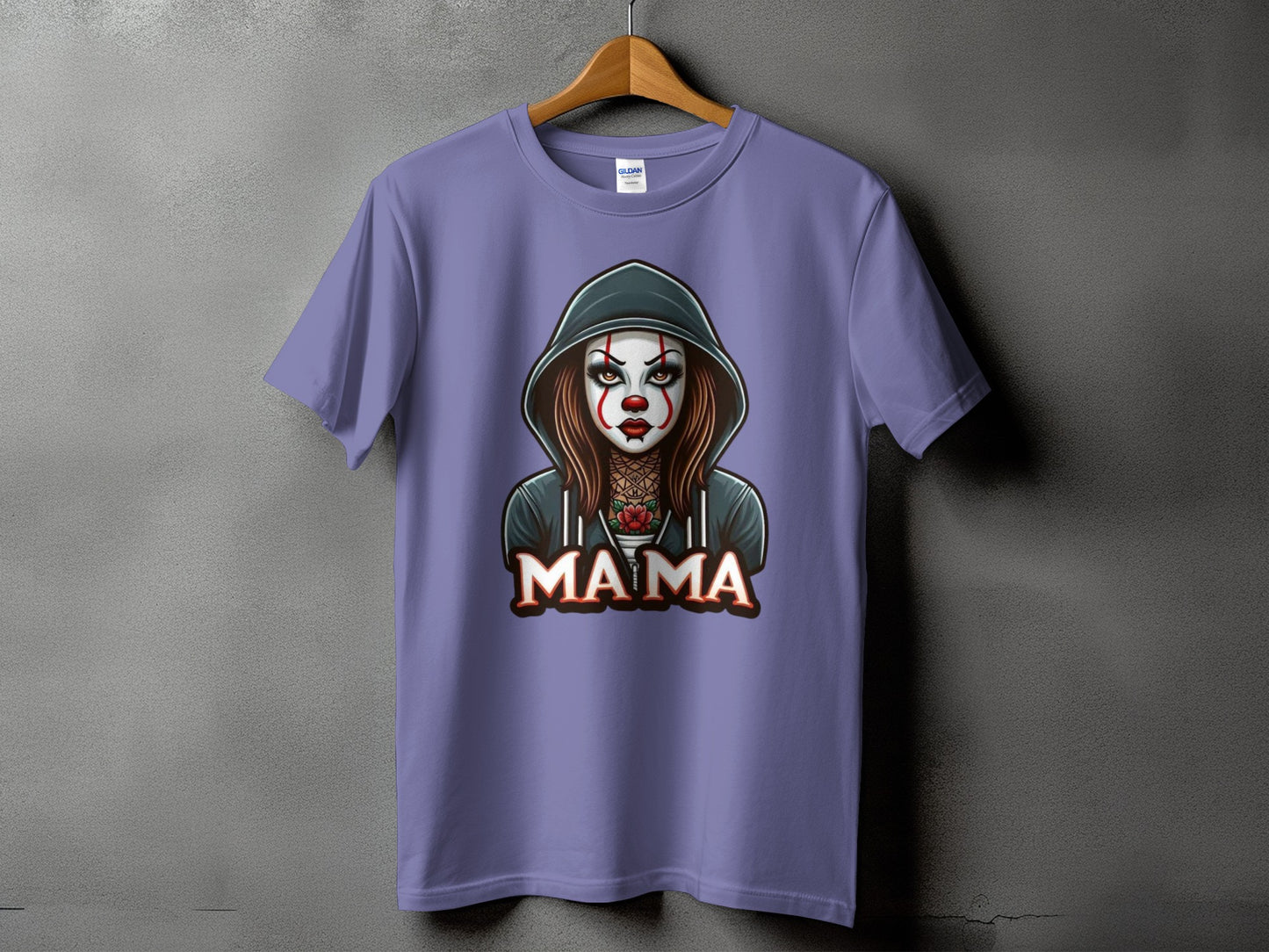 Purple t-shirt with a clown design and the word "MAMA"