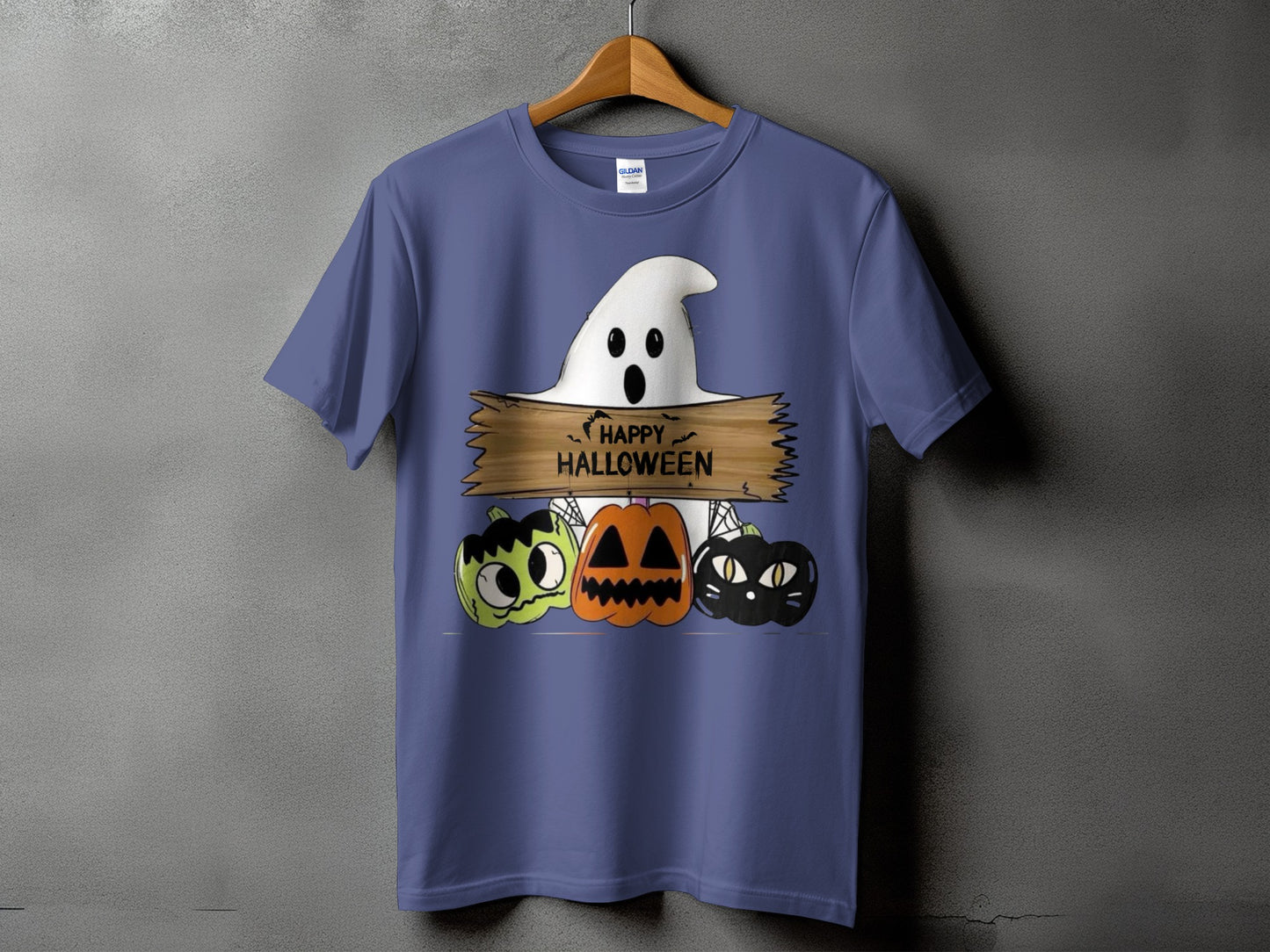 T-shirt with ghost, pumpkins, and text "Happy Halloween".