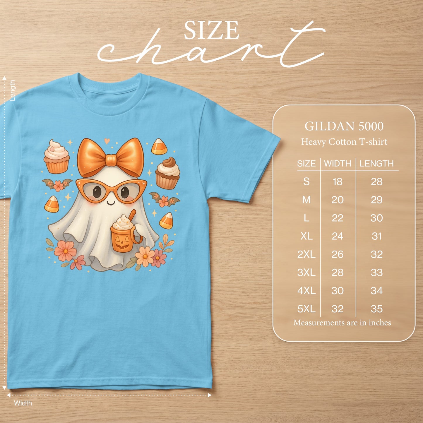 Light blue t-shirt with ghost graphic and Gildan 5000 size chart.