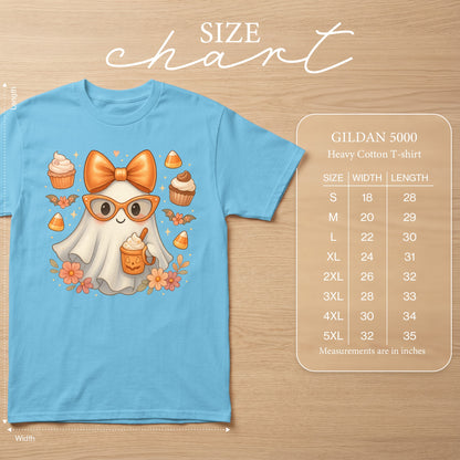 Light blue t-shirt with ghost graphic and Gildan 5000 size chart.