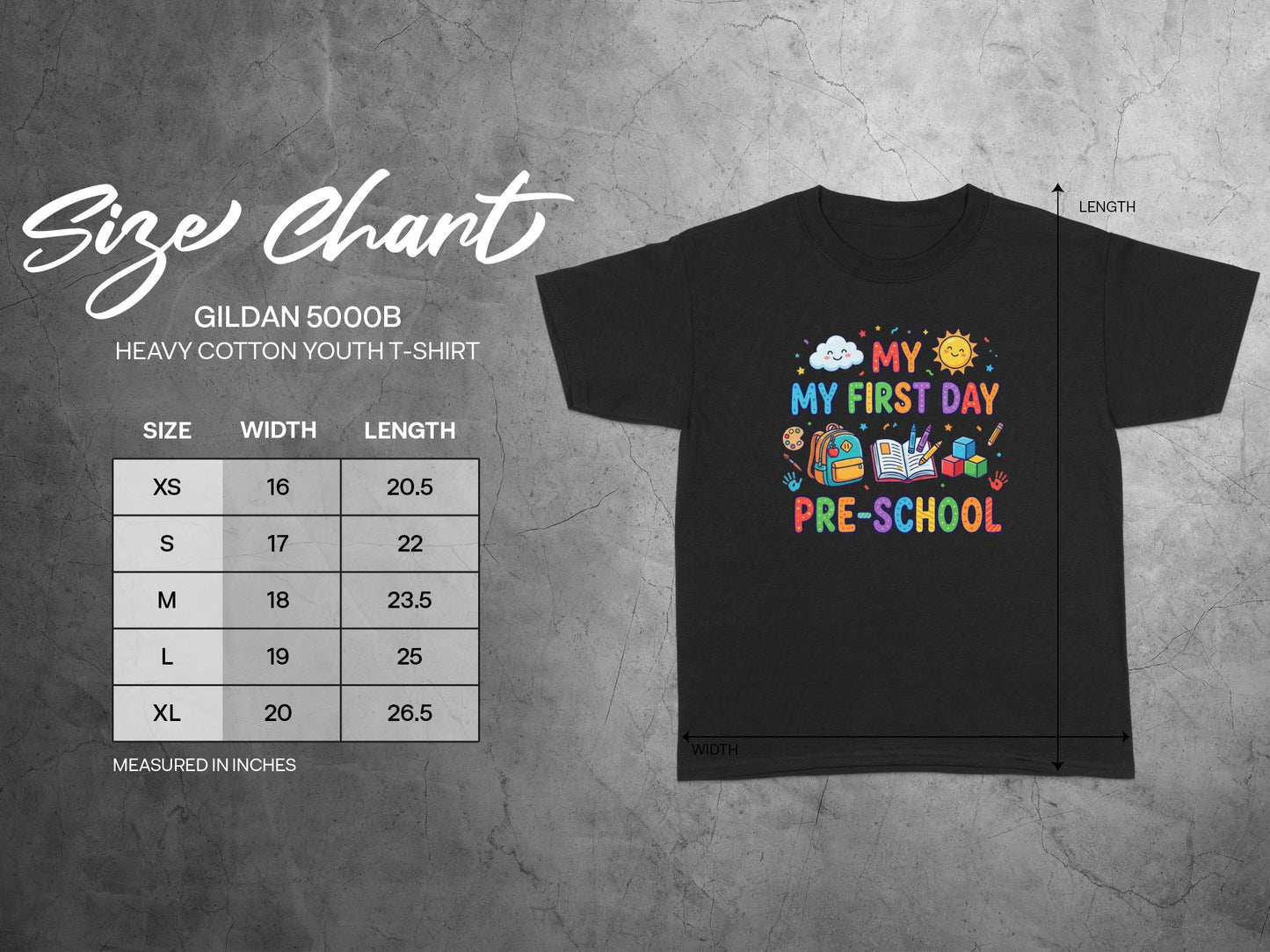 Gildan 5000B youth t-shirt size chart with width and length measurements.