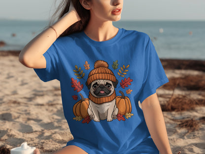 Cute Pug in Autumn Outfit with Pumpkins T-Shirt