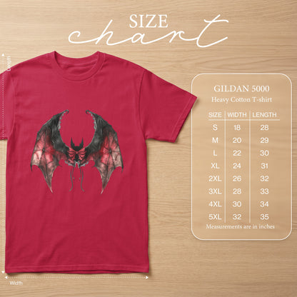 GILDAN 5000 Heavy Cotton T-shirt size chart with bat wing graphic on red shirt.