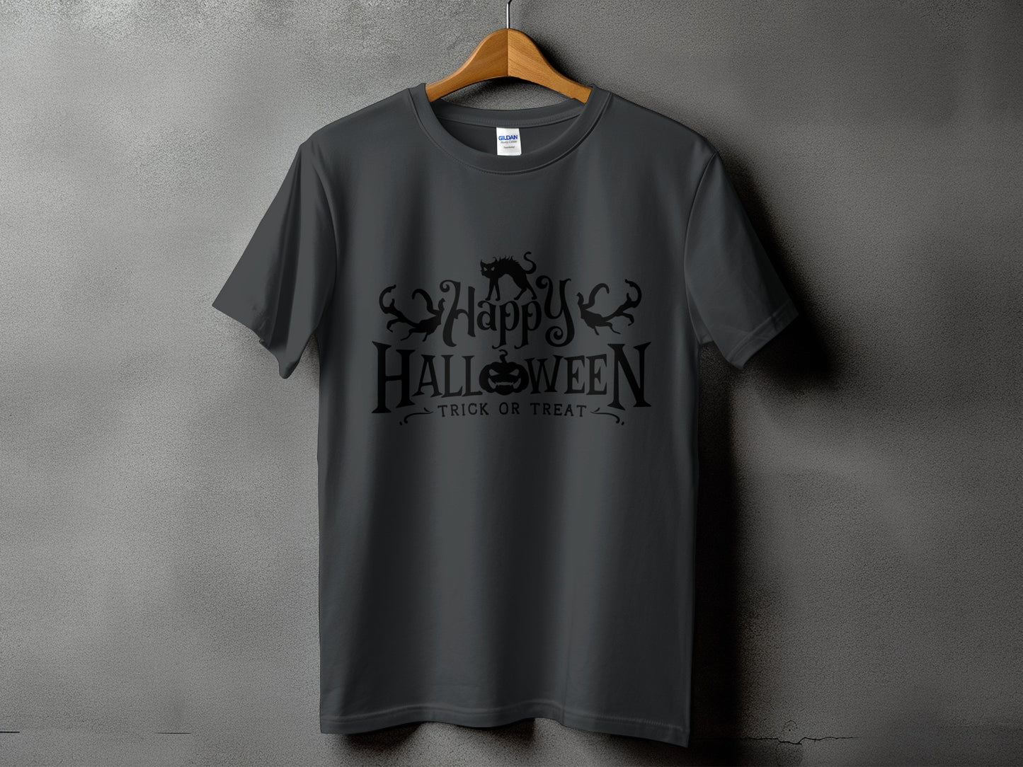 Dark gray t-shirt with black "Happy Halloween Trick or Treat" text and graphics.