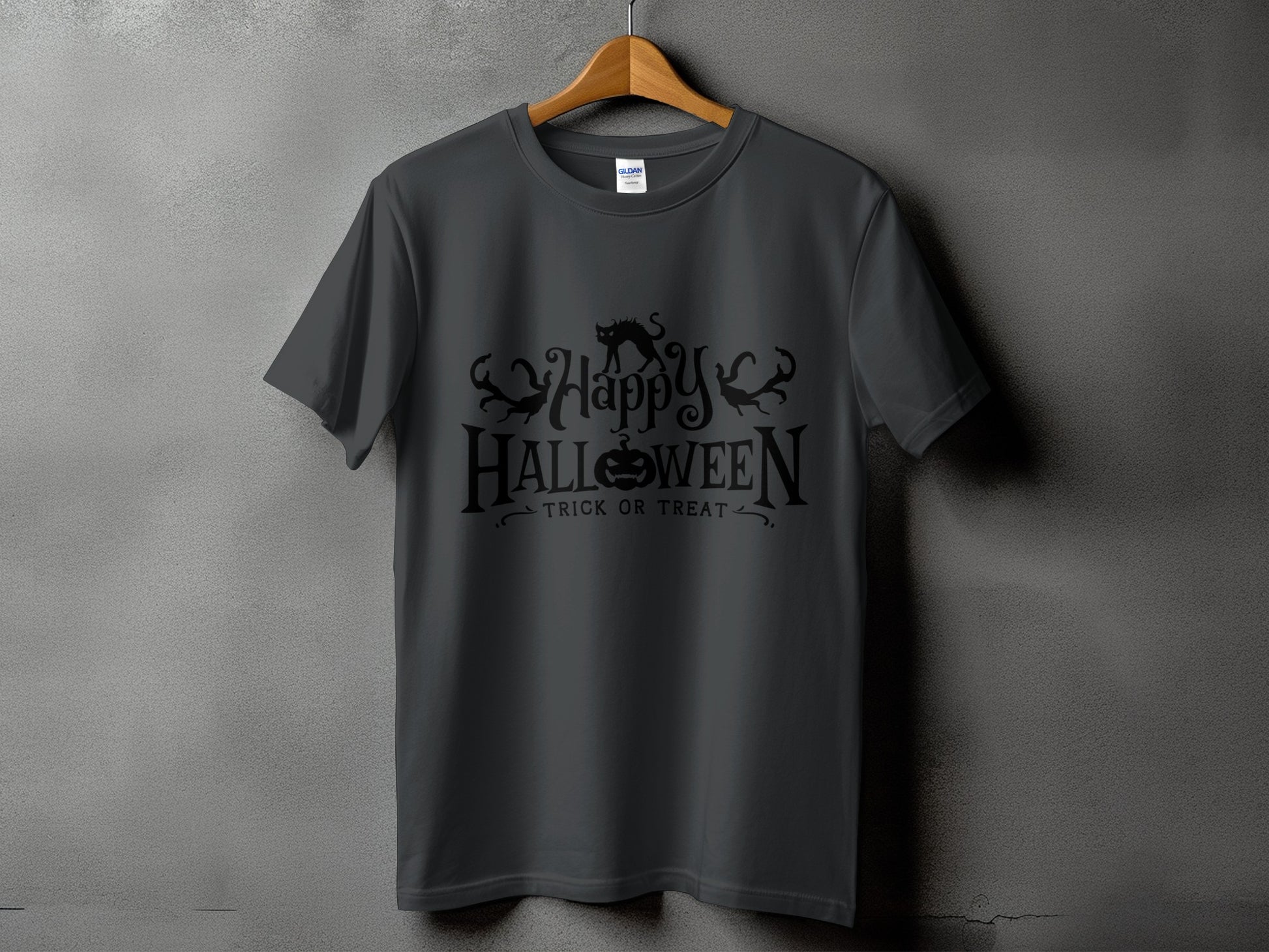 Dark gray t-shirt with black "Happy Halloween Trick or Treat" text and graphics.