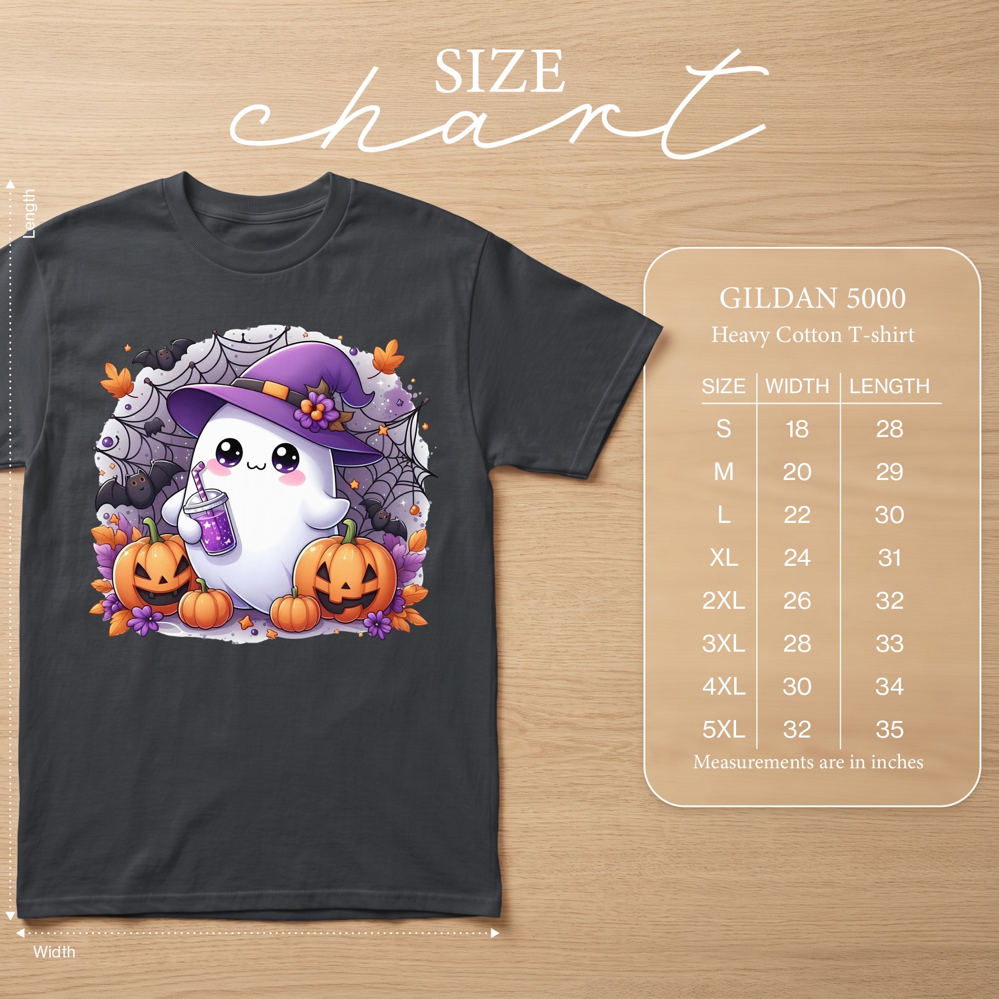 Ghost with witch hat and pumpkins t-shirt size chart.