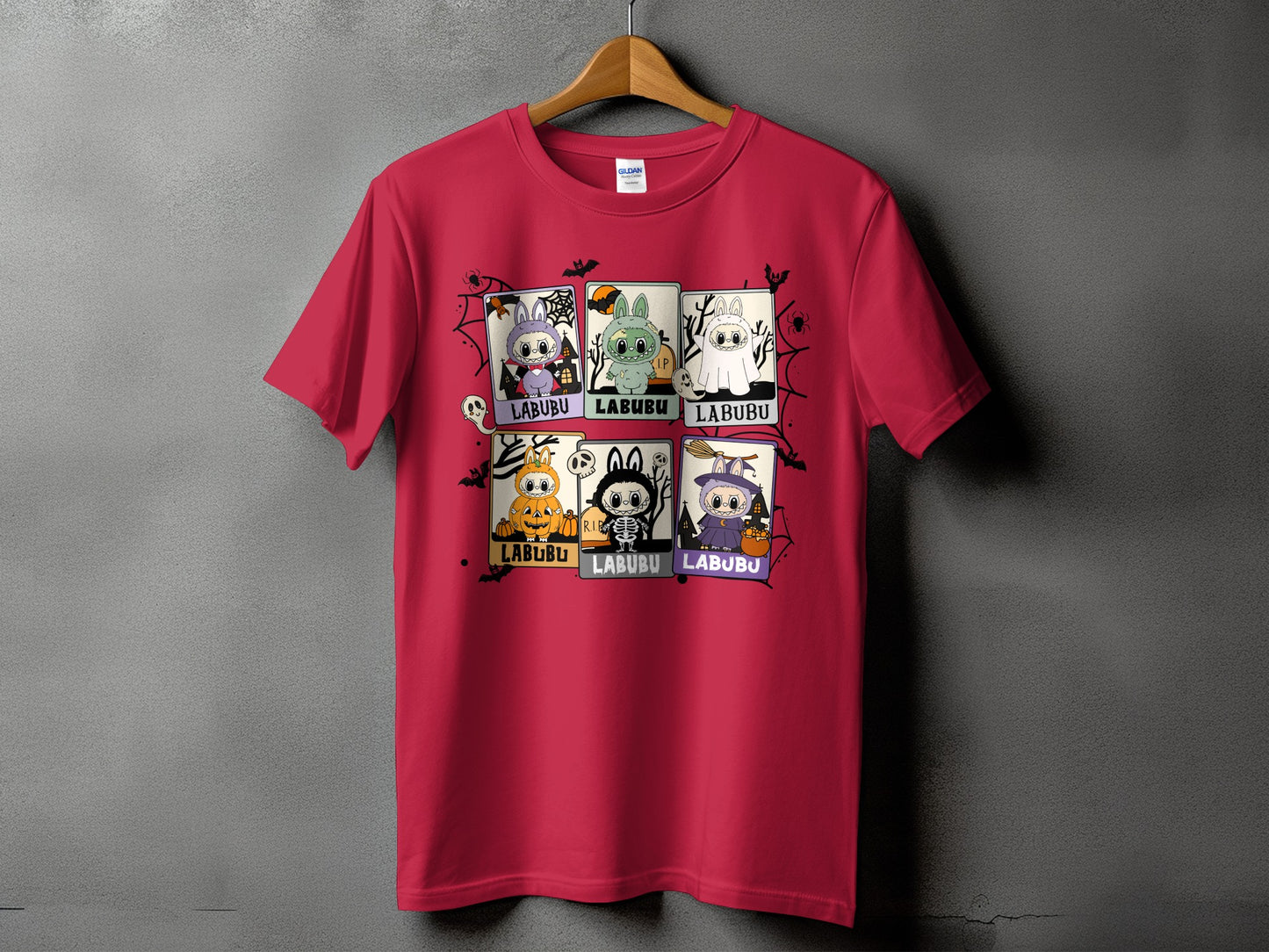 Red t-shirt with six cartoon Halloween characters and "LABUBU" text.