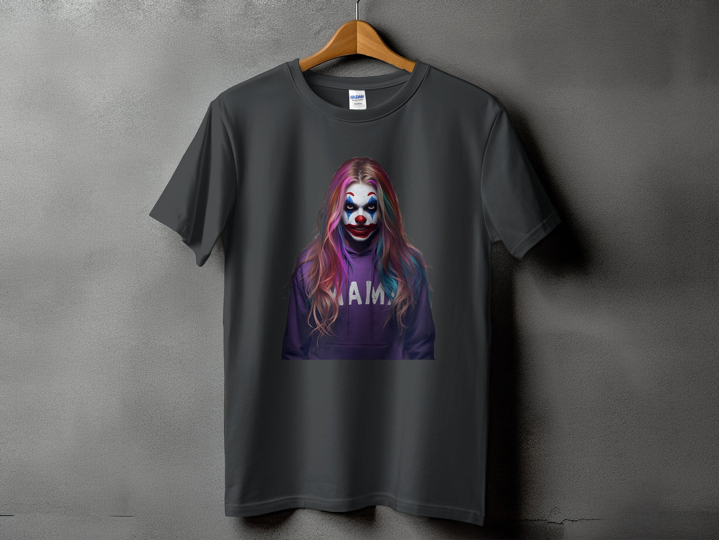 Dark grey t-shirt with a distressed graphic of a clown with colorful hair and "AMA" text.