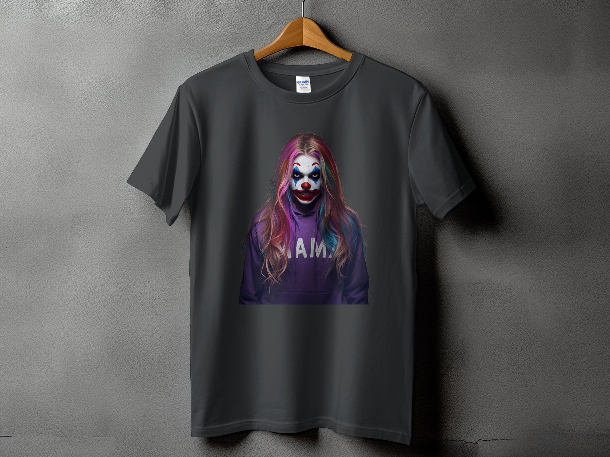 Dark grey t-shirt with a distressed graphic of a clown with colorful hair and "AMA" text.