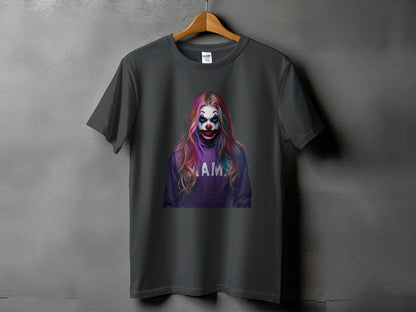 Dark grey t-shirt with a distressed graphic of a clown with colorful hair and "AMA" text.