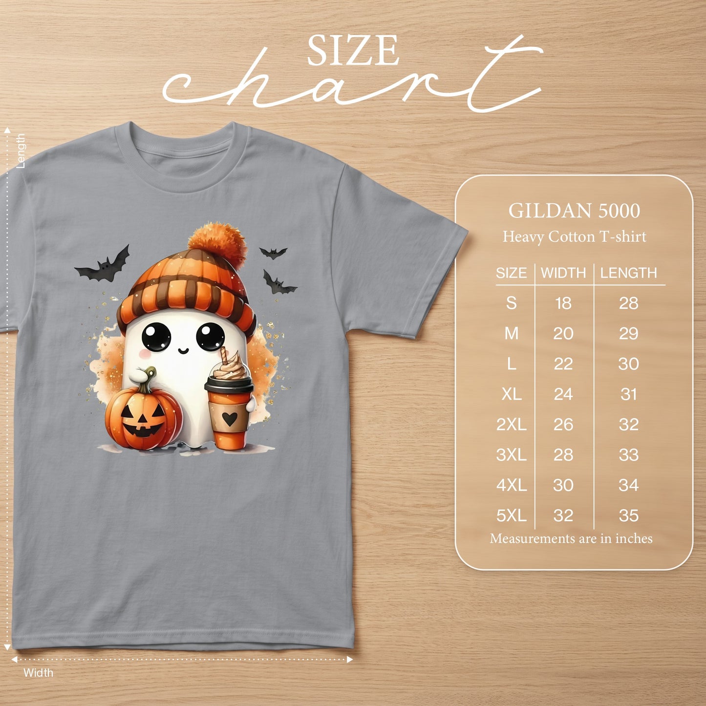 Gray t-shirt with ghost, pumpkin, and coffee graphic; size chart included.