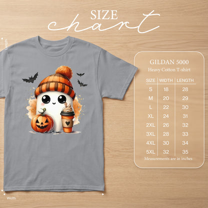 Gray t-shirt with ghost, pumpkin, and coffee graphic; size chart included.