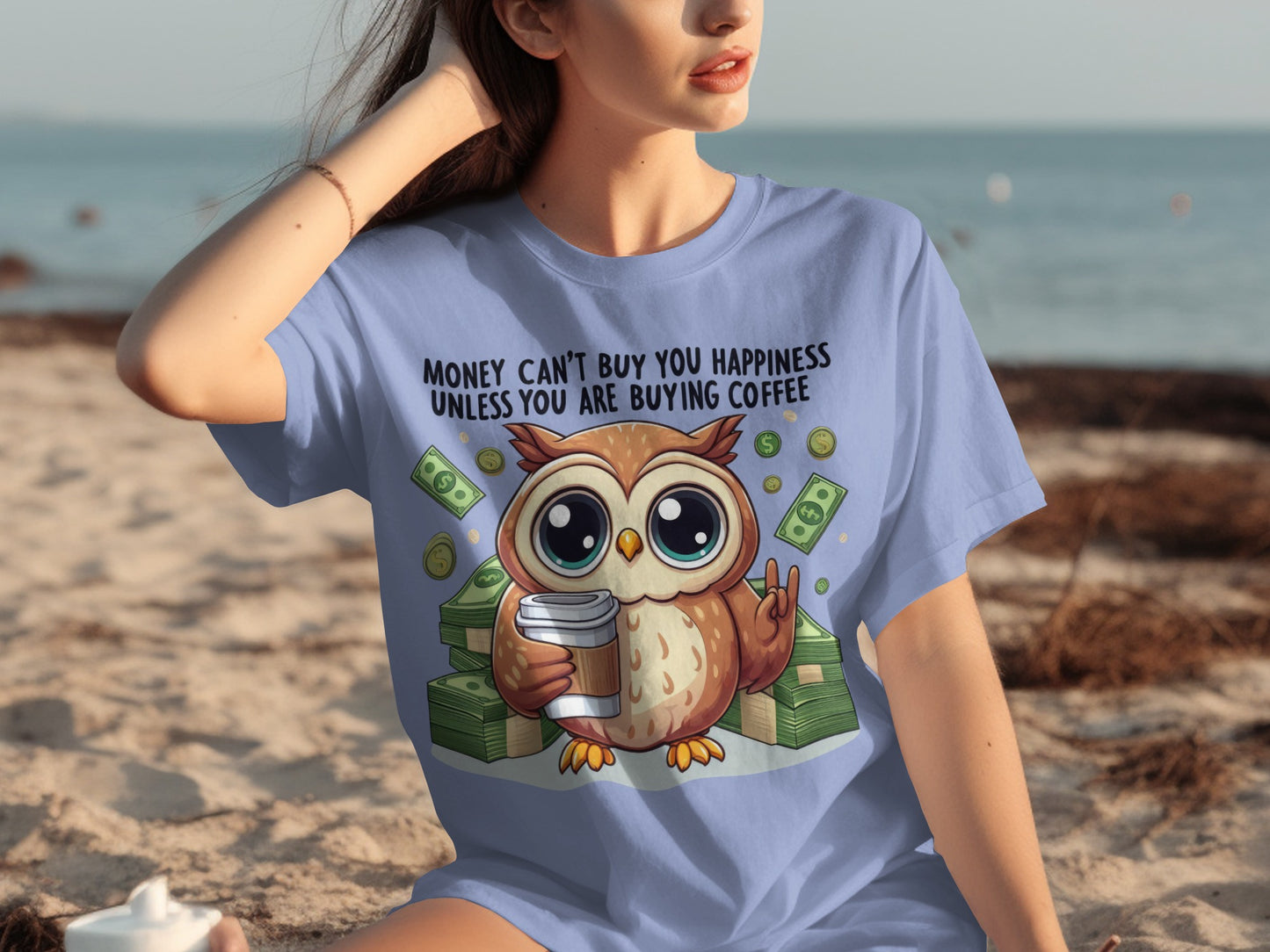 Money Can't Buy Happiness Owl and Coffee Graphic T-Shirt