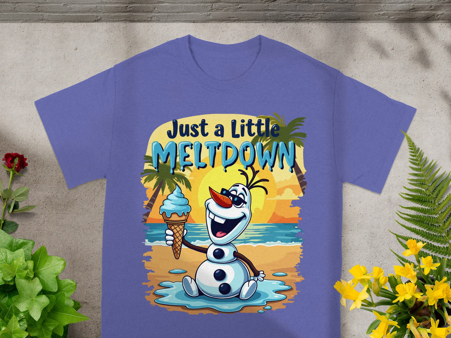 Olaf from Frozen on a beach with "Just a Little Meltdown" text.
