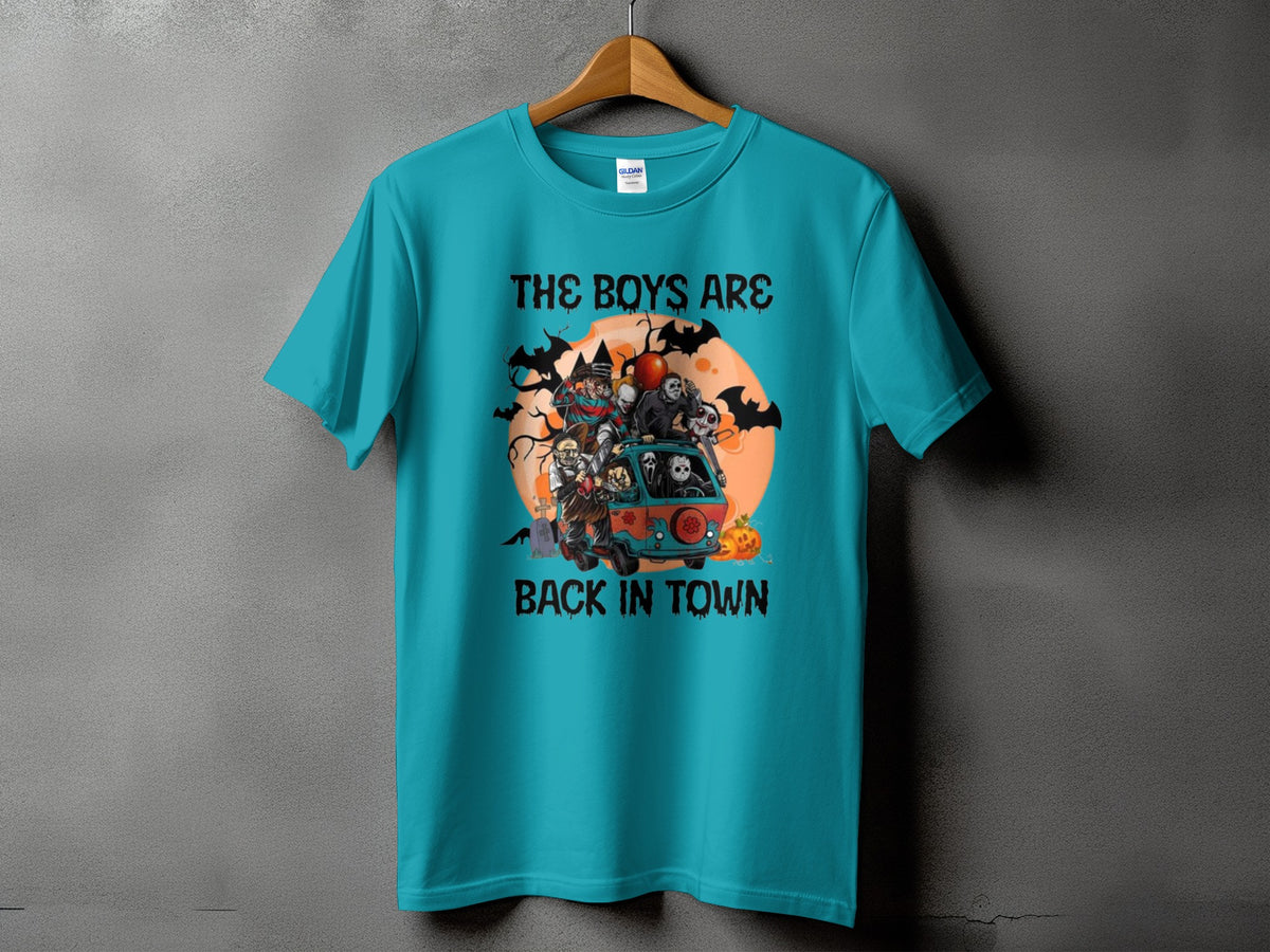 Teal t-shirt with Halloween characters in a van. Text reads "The Boys Are Back In Town".