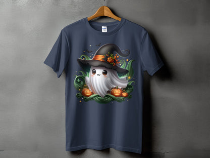 Ghost with witch hat, pumpkins, and bats on a navy blue t-shirt.
