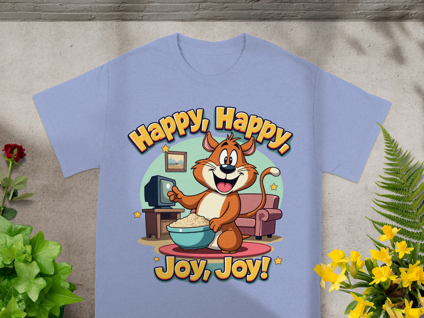 Cartoon cat with popcorn watches TV, text says "Happy, Happy, Joy, Joy!"