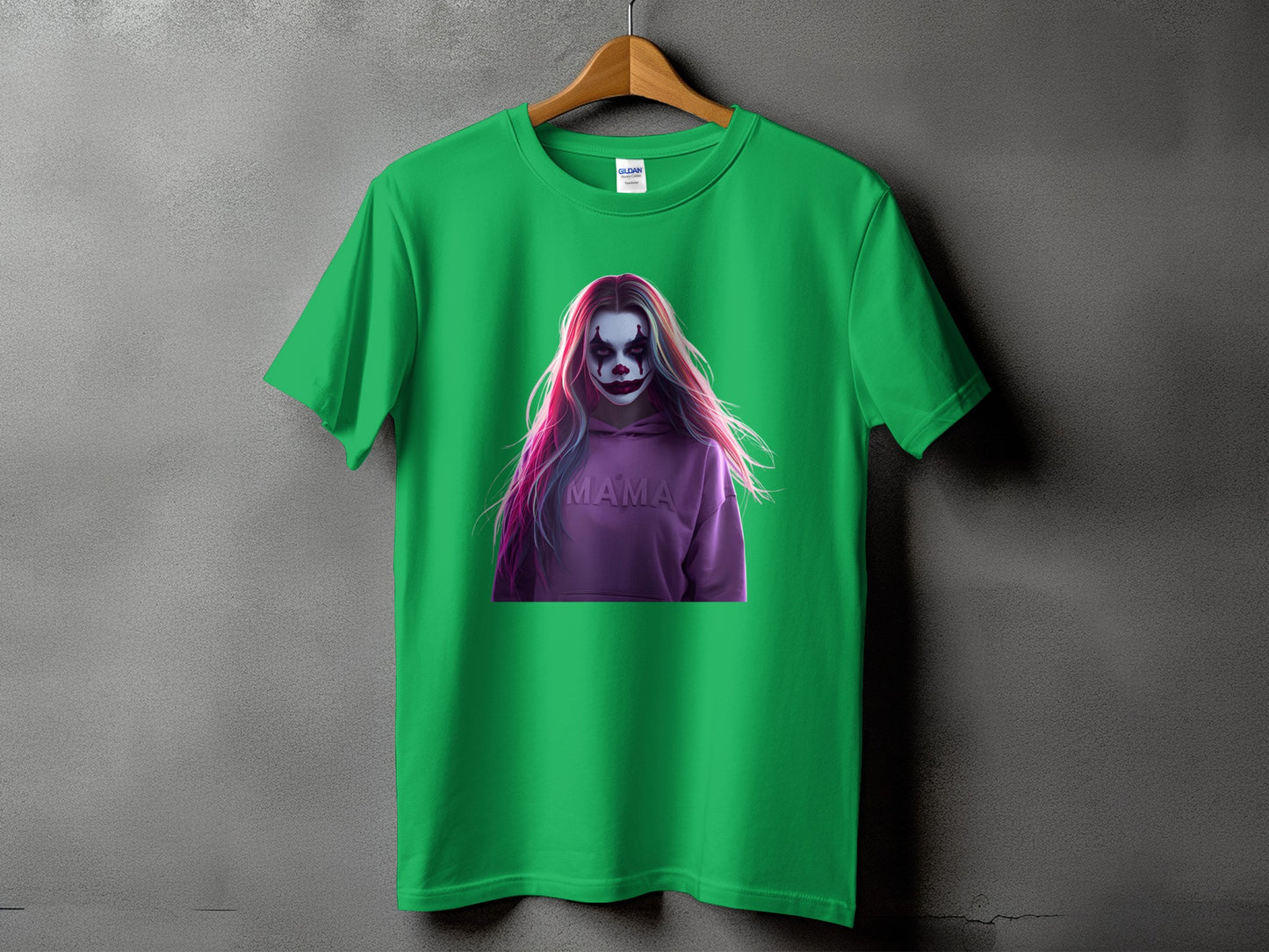 Green t-shirt with a clown graphic and "MAMA" text.