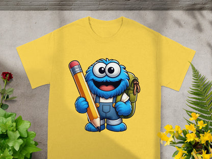 Blue furry monster wearing overalls, carrying a backpack, holding a large pencil.