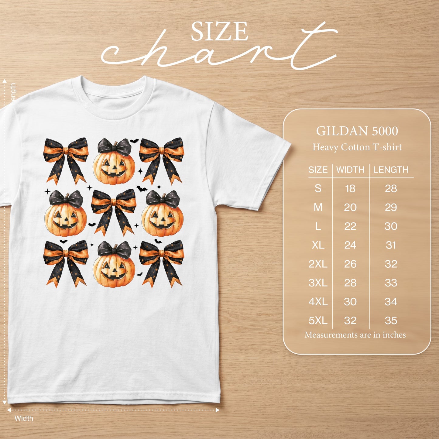 White t-shirt with repeating Halloween pumpkin and bow pattern, size chart included.