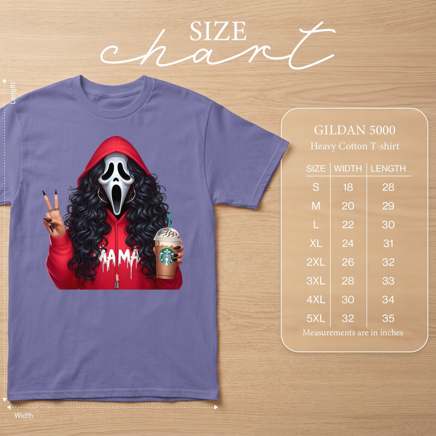 Purple t-shirt with "Mama" graphic, ghost mask, and Starbucks drink, includes size chart.