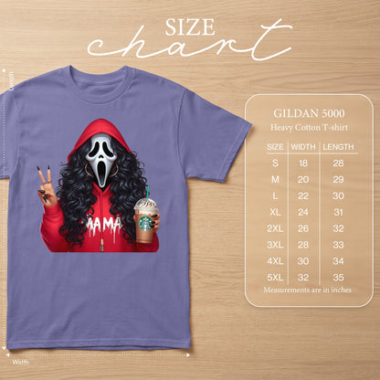 Purple t-shirt with "Mama" graphic, ghost mask, and Starbucks drink, includes size chart.