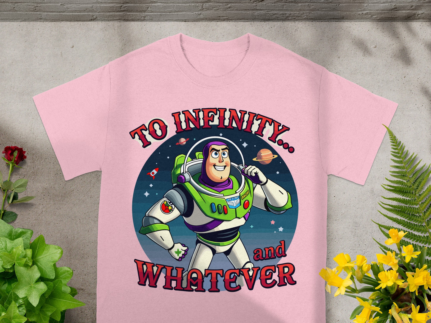 Pink Buzz Lightyear t-shirt with "To Infinity... and WHATEVER" text.