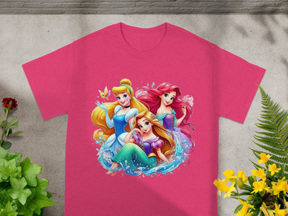 Pink t-shirt featuring Ariel, Cinderella, and Aurora surrounded by water and a butterfly.