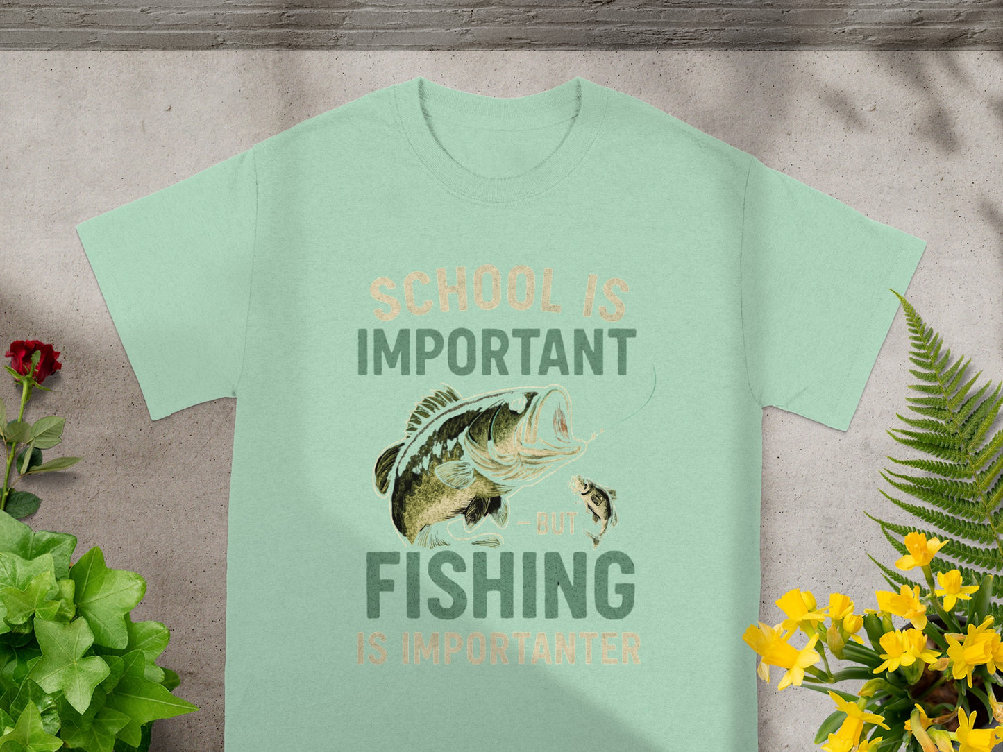 T-shirt with "School is Important, But Fishing is Importanter" text and fishing graphic.