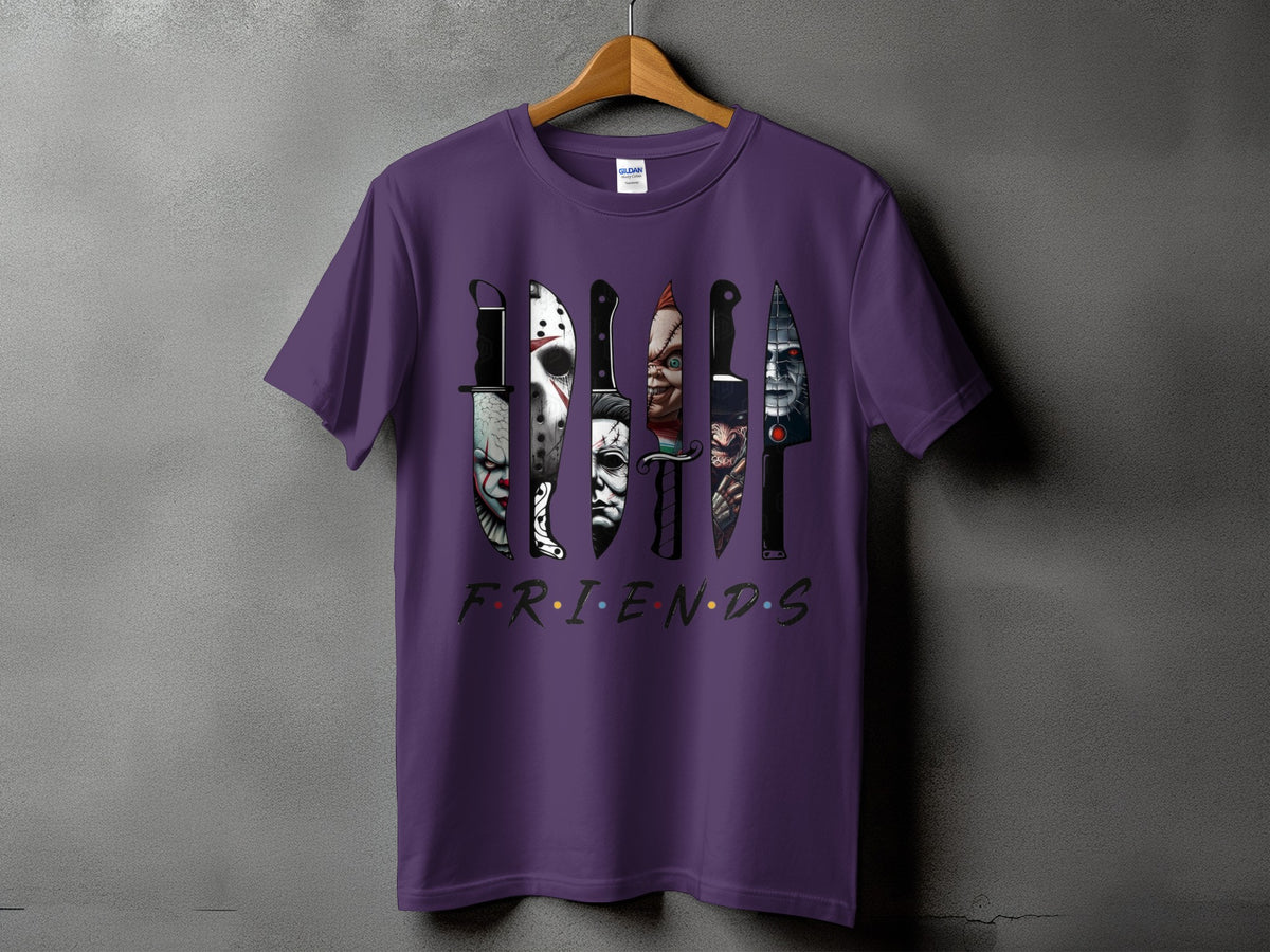 Purple t-shirt featuring horror movie villains' knives above the word "FRIENDS".