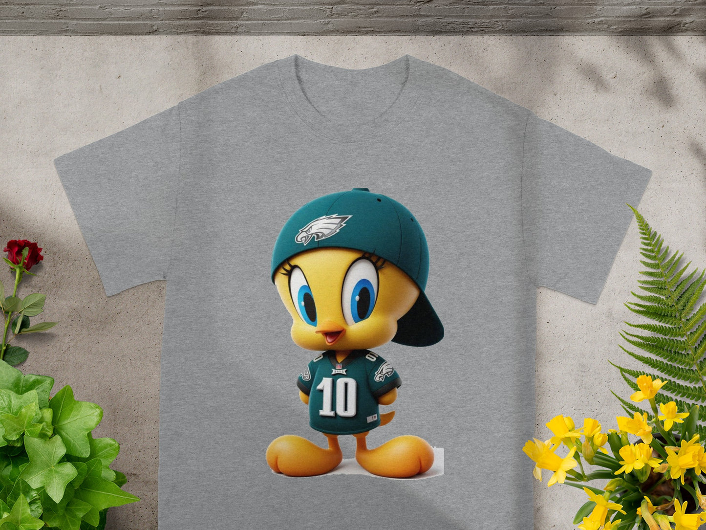 Tweety Wearing Eagles Jersey and Hat on Grey T-Shirt