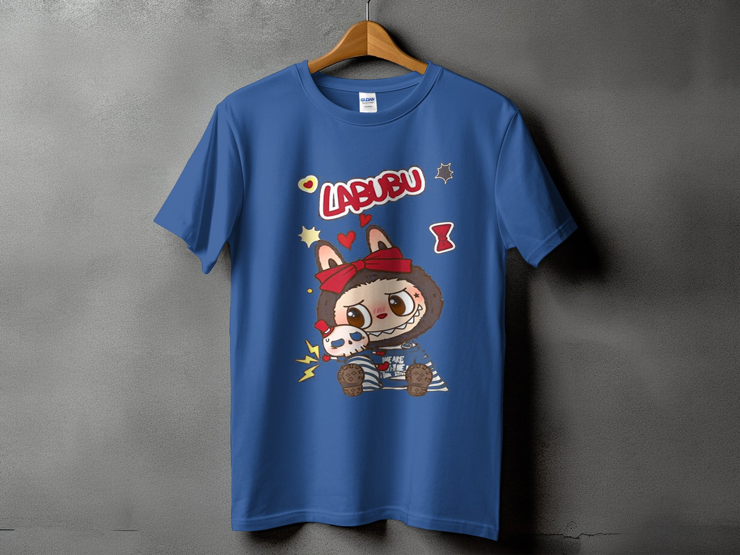 Blue t-shirt with "LABUBU" text and cartoon character holding a skull.