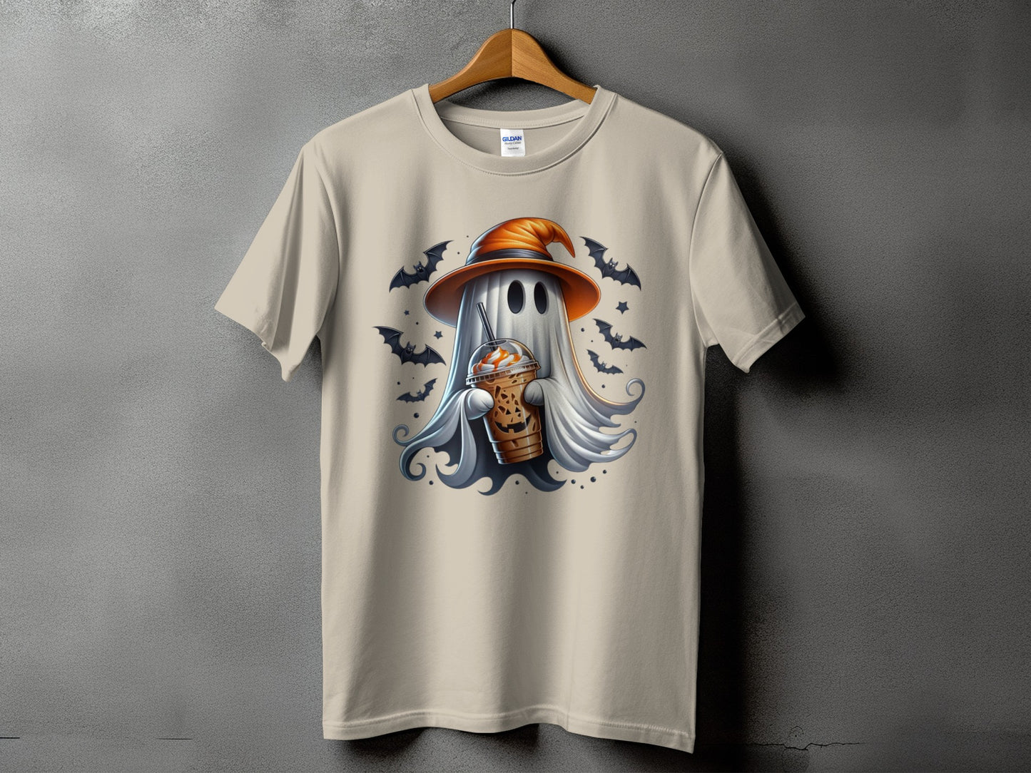 Ghost in witch hat holding coffee cup with bats around.