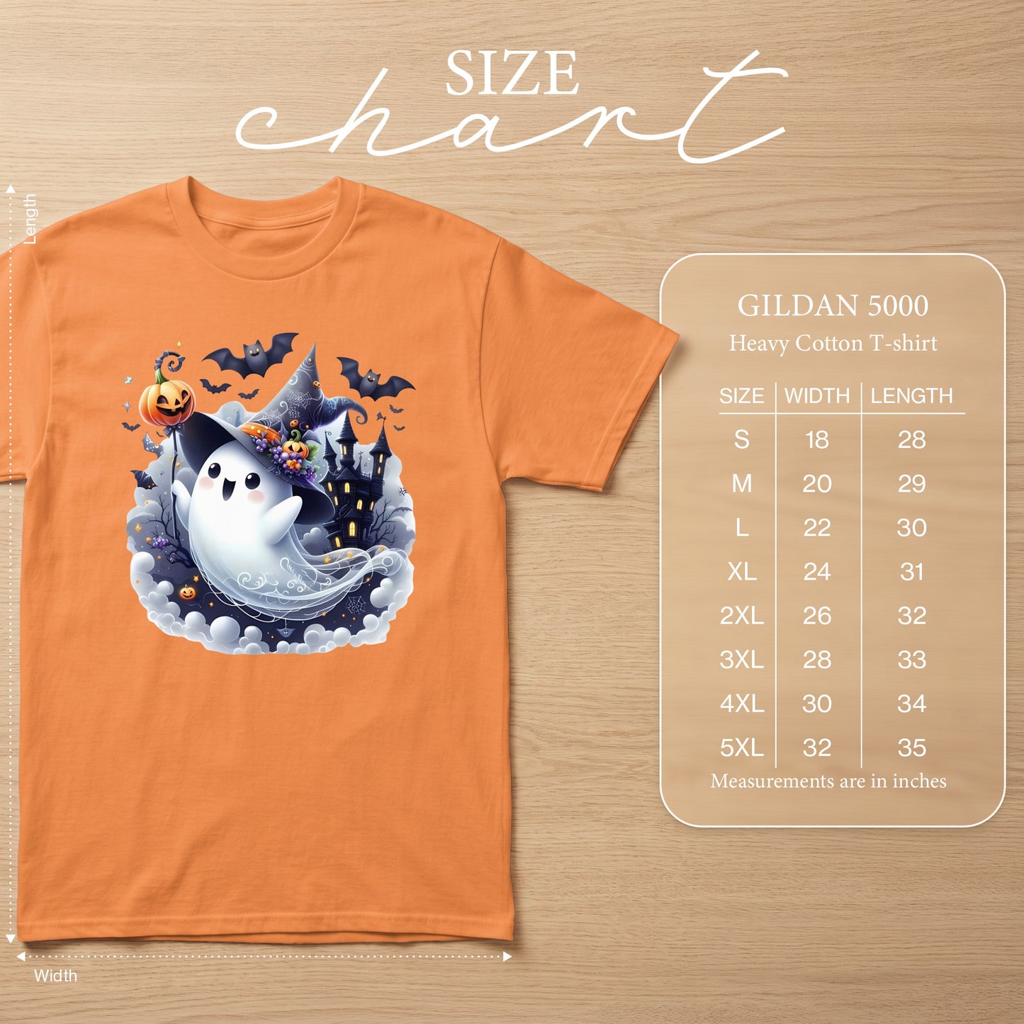 Orange t-shirt with a Halloween ghost design and a Gildan 5000 size chart.