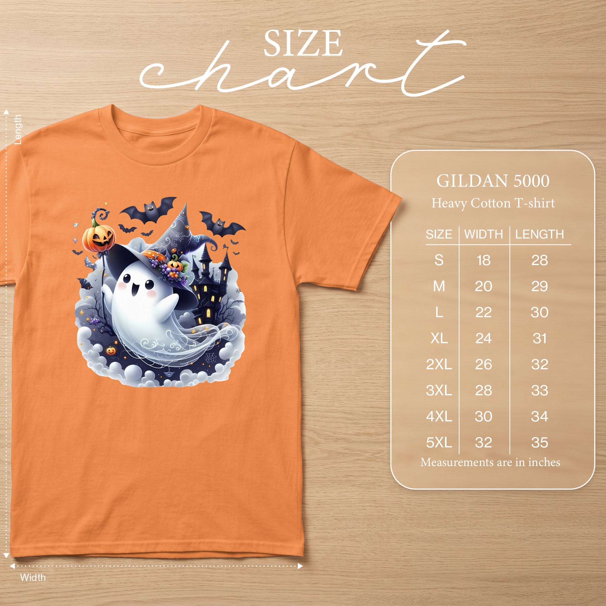Orange t-shirt with a Halloween ghost design and a Gildan 5000 size chart.