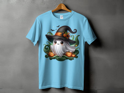 Light blue t-shirt with a cute ghost wearing a witch hat, pumpkins, and bats design.
