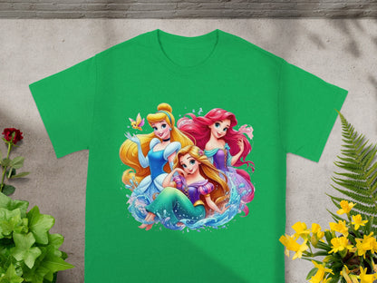 Green t-shirt with Ariel, Cinderella, and Rapunzel surrounded by water and butterflies.