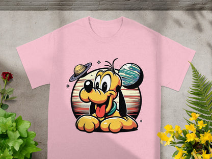 Pluto character with planets graphic on pink t-shirt.