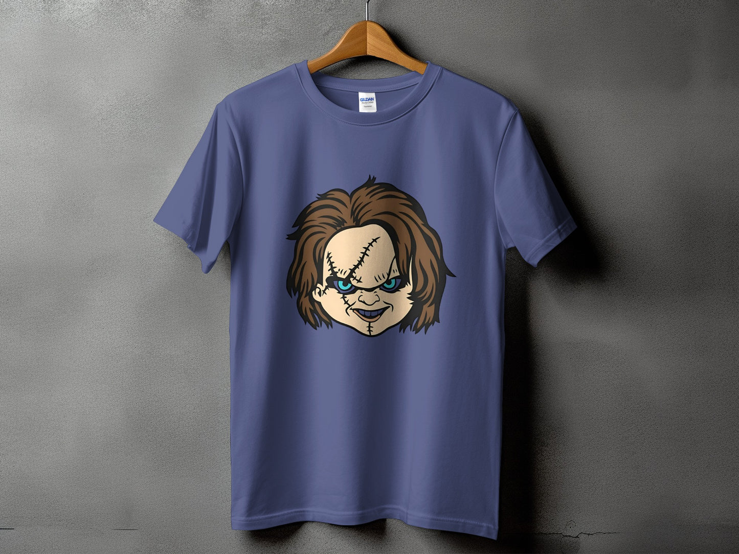 Purple t-shirt with Chucky doll head graphic.