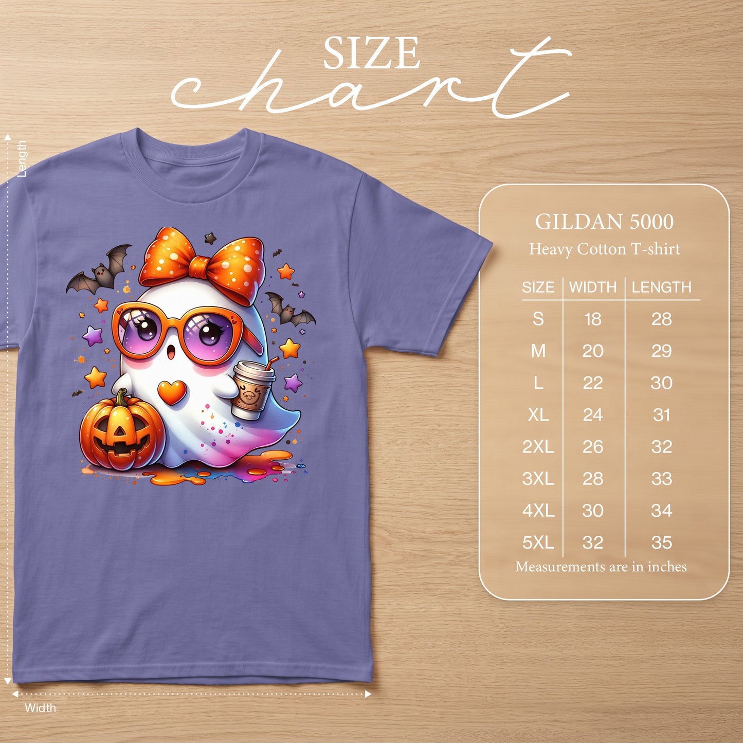 Gildan 5000 Heavy Cotton T-shirt size chart with cute ghost graphic.