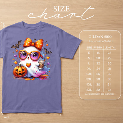 Gildan 5000 Heavy Cotton T-shirt size chart with cute ghost graphic.