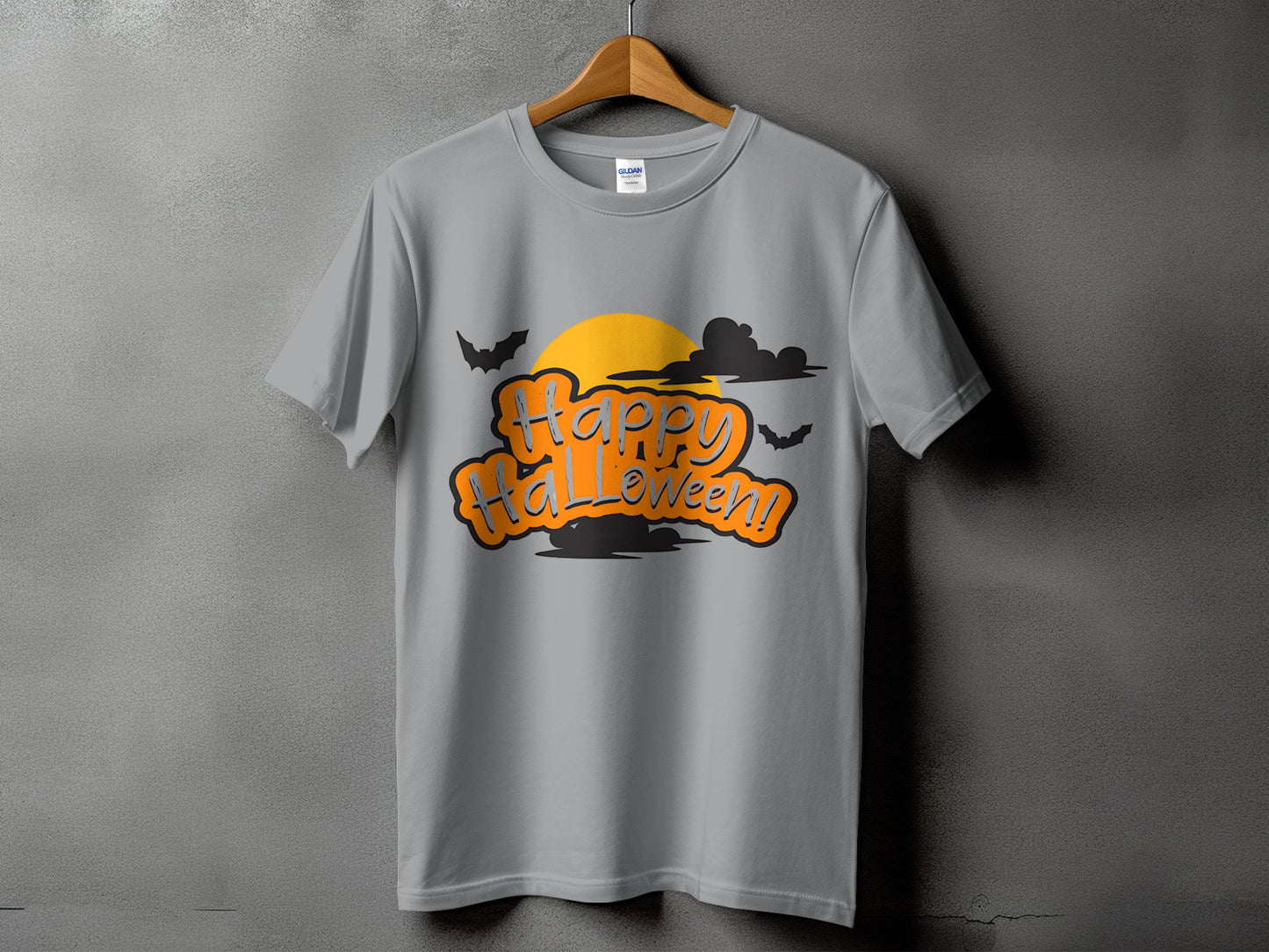 Grey t-shirt with "Happy Halloween!" text, bats, clouds, and sun graphic.