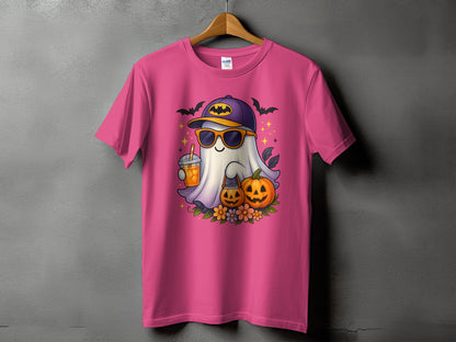 Ghost with sunglasses and Batman hat holding drink, with pumpkins and bats.