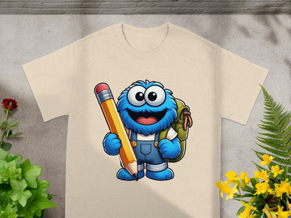 Blue monster with backpack and large pencil.