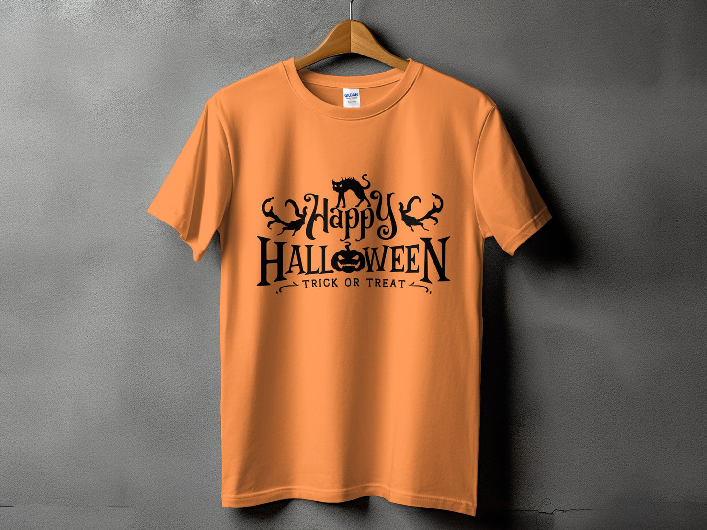 Orange t-shirt with black "Happy Halloween Trick or Treat" graphic featuring a cat and pumpkin.