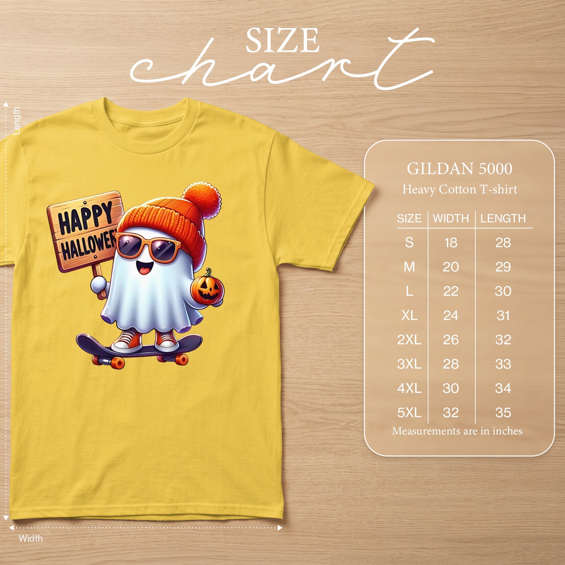 Yellow Gildan 5000 Heavy Cotton T-shirt with ghost graphic and size chart.