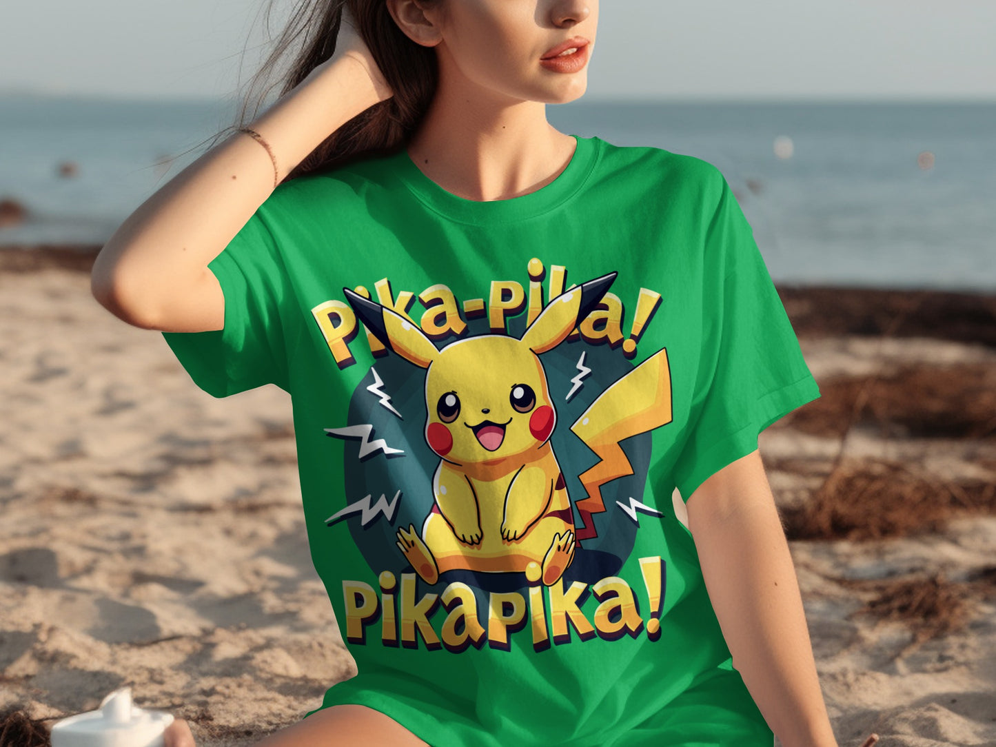 Pika Pika Pikachu Graphic Print Green T-Shirt